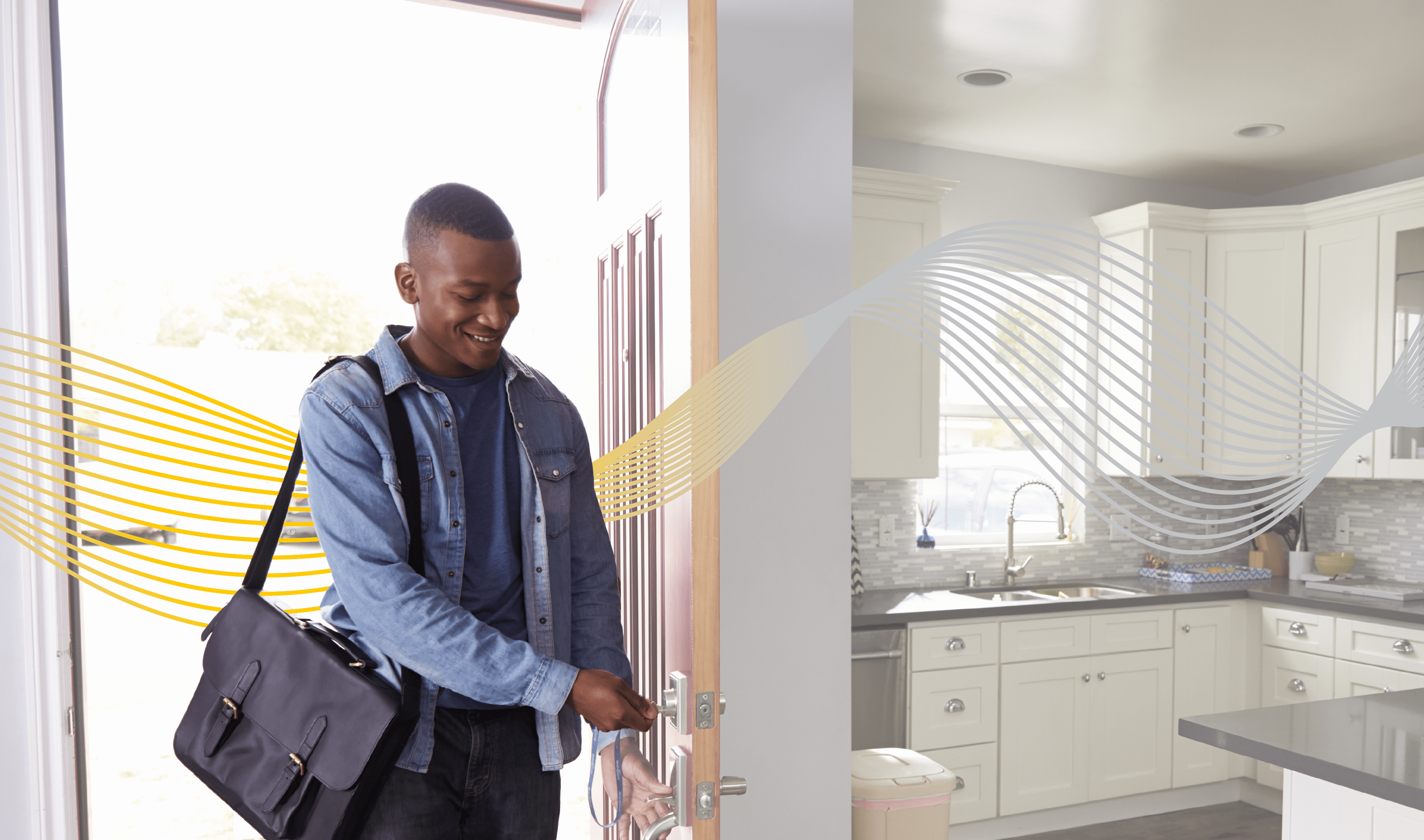 An African-American man entering the kitchen of his home through his front door with a wave graphic representation of him disrupting Wi-Fi signals through Wi-Fi Sensing