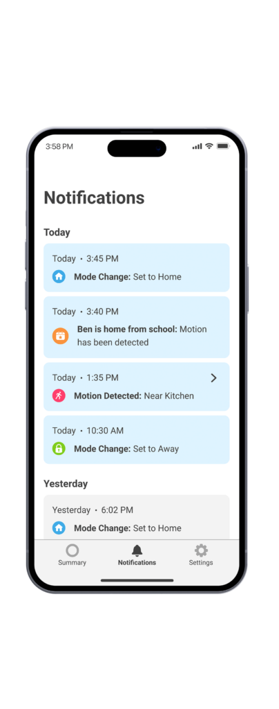 Screenshot from Cognitive's sample Wi-Fi Sensing security monitoring app, Home Aware, displaying deatiled motion notifications of specific events such as sensing mode set to home and ben arriving from home