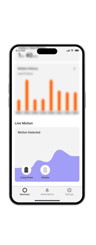 Screenshot from Cognitive's sample Wi-Fi Sensing security monitoring app, Home Aware, displaying real-time motion as a motion wave and location of the motion