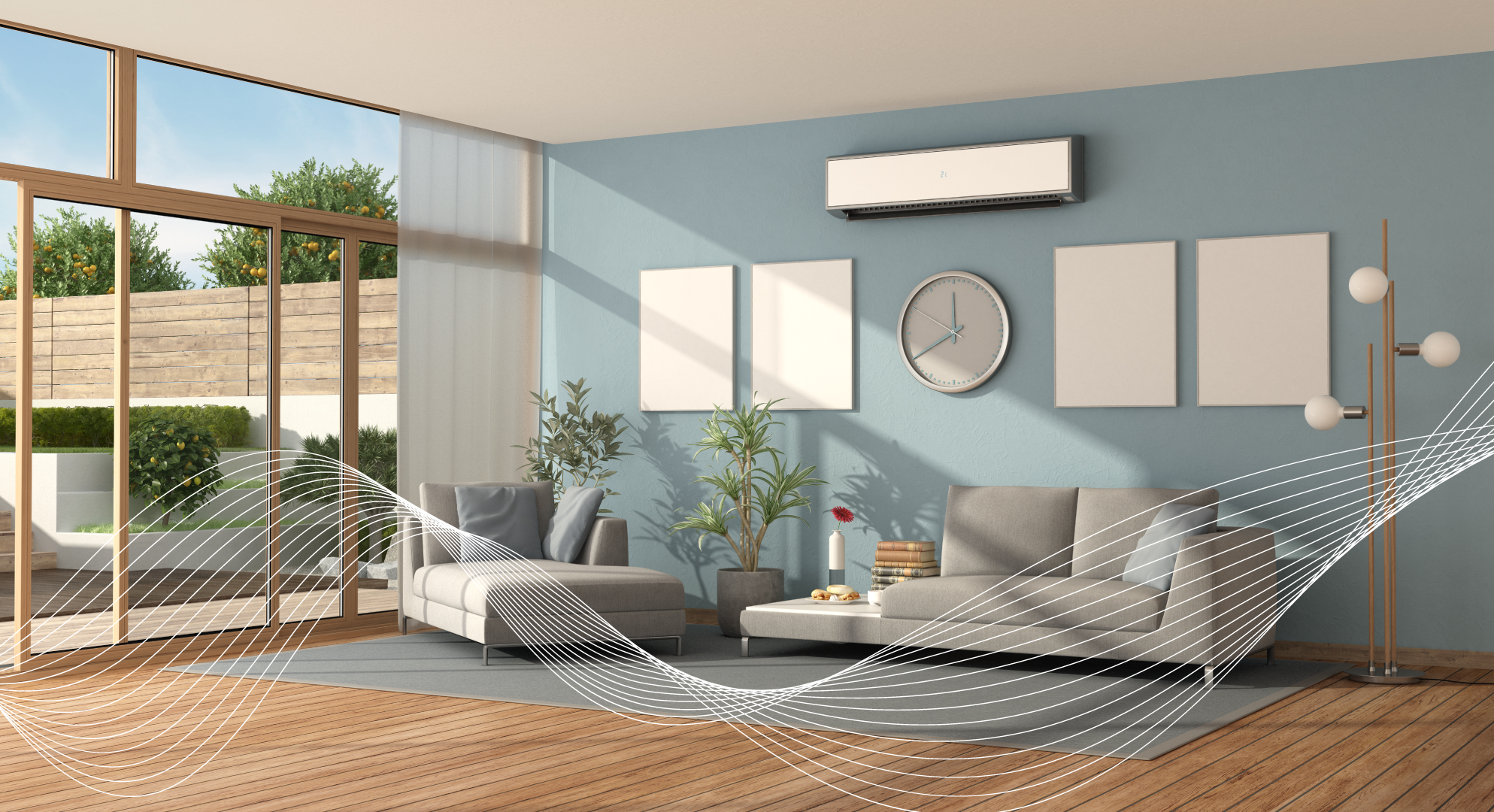 Bright, soft-toned living room with Cognitive's wave graphic overlaid representing active Wi-Fi Sensing